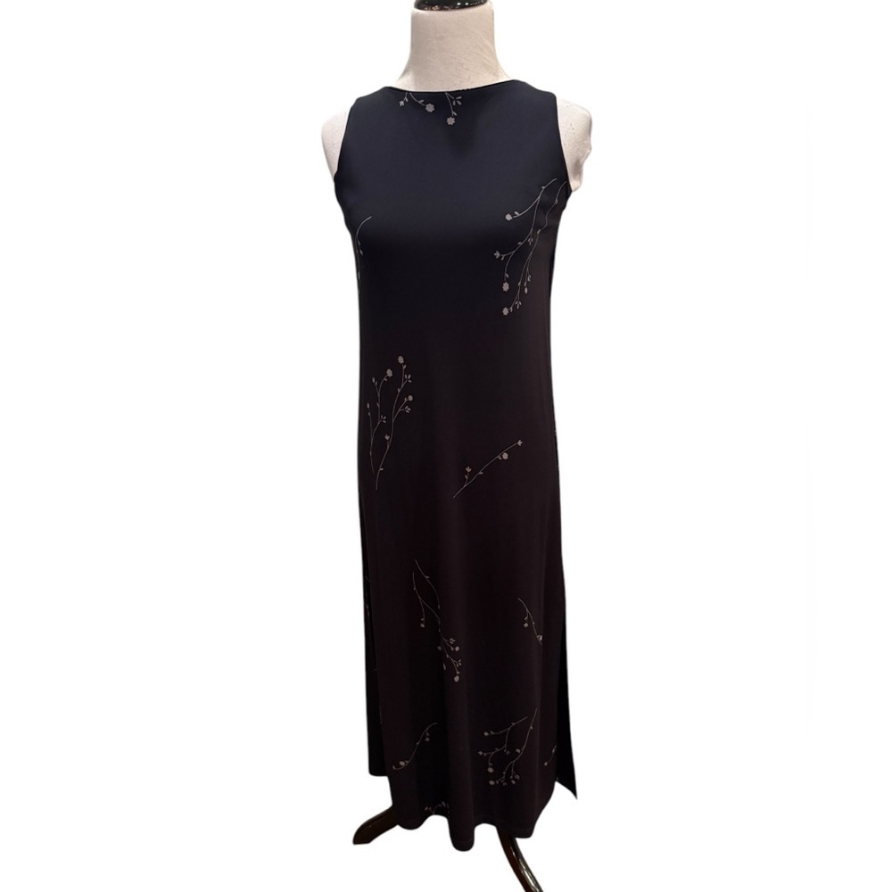 Valerie Stevens Rayon/Poly Long Black Sleeveless Dress w/Subtle flowers, Size S